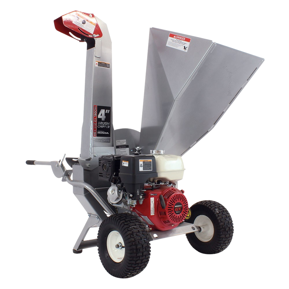 The Dosko 13-21T-13H Brush Chipper with a Honda GX engine, red and black frame, and large tires on a gray and white checkered background.