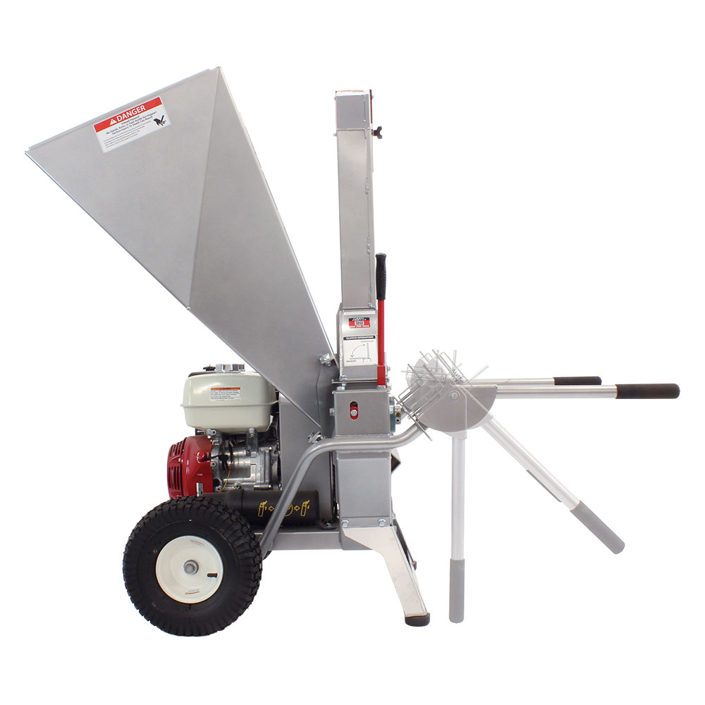 A Dosko 13-21T-13H brush chipper with a Honda GX engine and a wide metal hopper, shown at a slight angle on a white background.