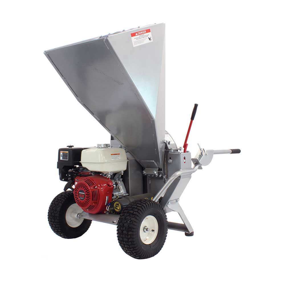A side view of the Dosko 13-21T-13H brush chipper, showing the adjustable discharge chute and the Honda GX engine on a white background.