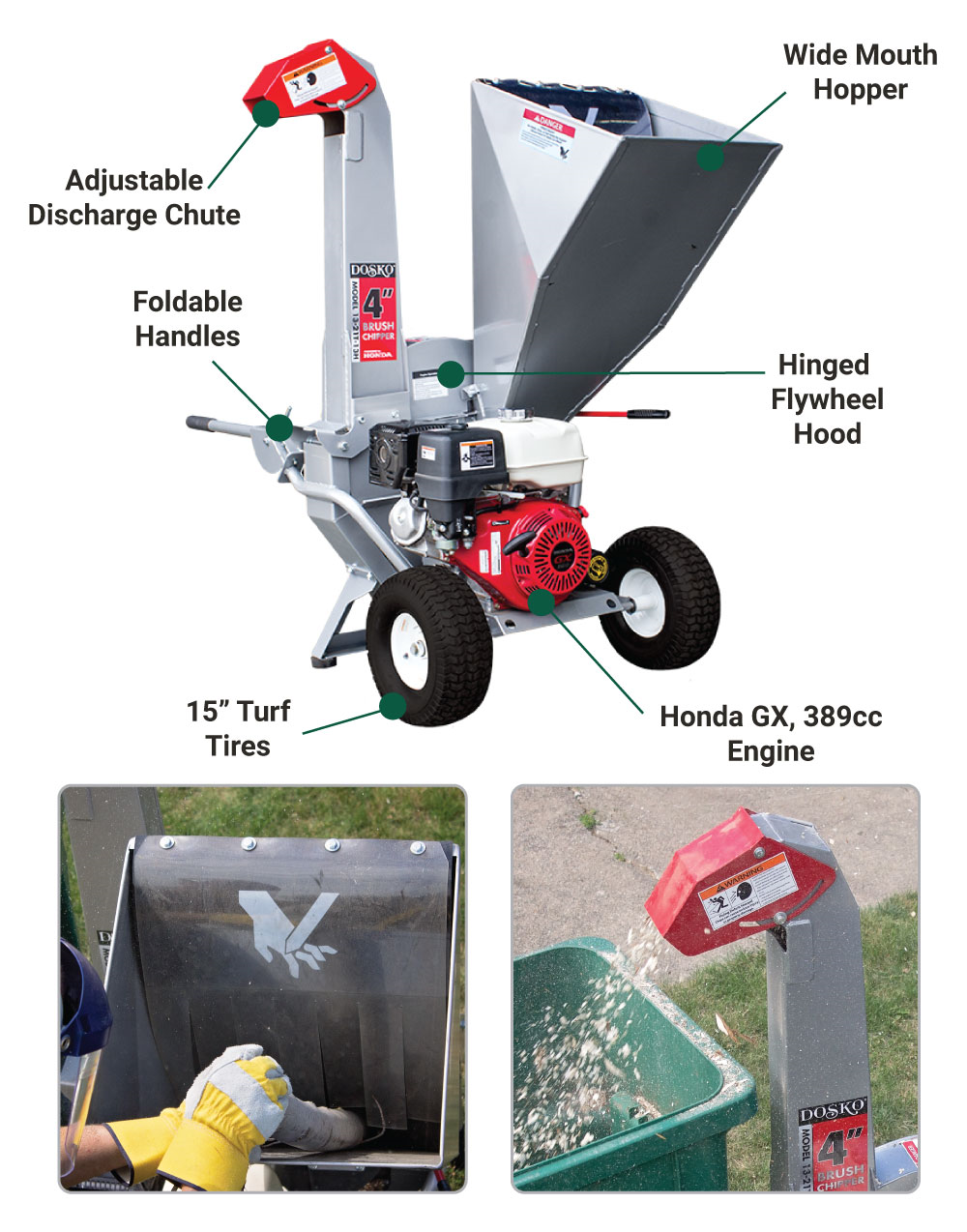 A collage of the Dosko 13-21T-13H brush chipper, featuring an overview with labeled parts like the Wide Mouth Hopper and Adjustable Discharge Chute, as well as two in-use photos.