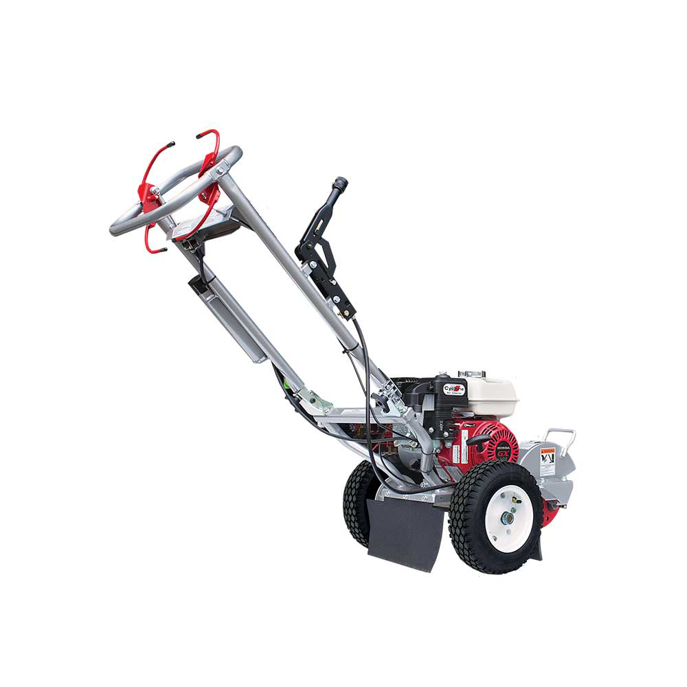 A Dosko 200-6HC Mini Stump Grinder shown from a three-quarter view, highlighting its compact size and handlebars, on a white background.