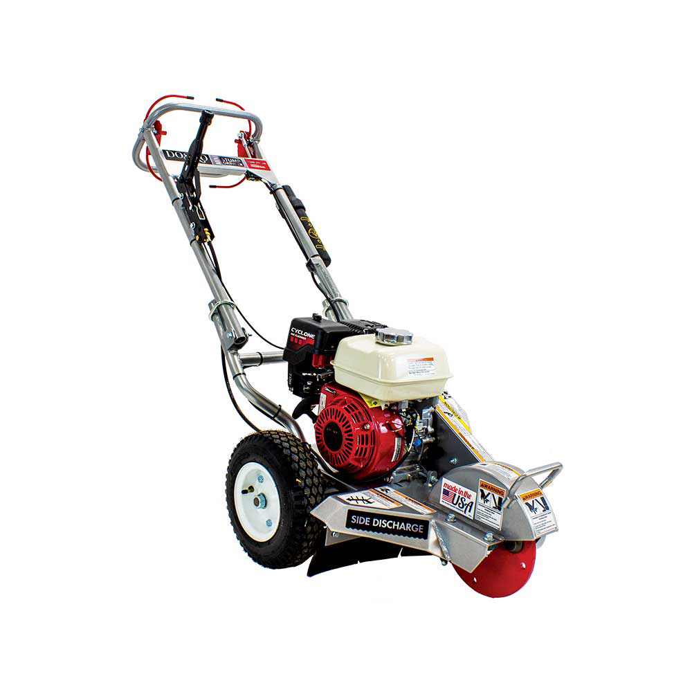 A side view of the Dosko 200-6HC Mini Stump Grinder with its red Honda engine and Greenteeth cutting wheel, set on a white background.