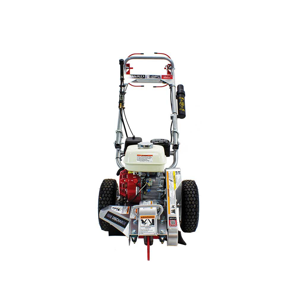 A front view of the Dosko 200-6HC Mini Stump Grinder showing its compact design with a red engine and large wheels, set on a white background.