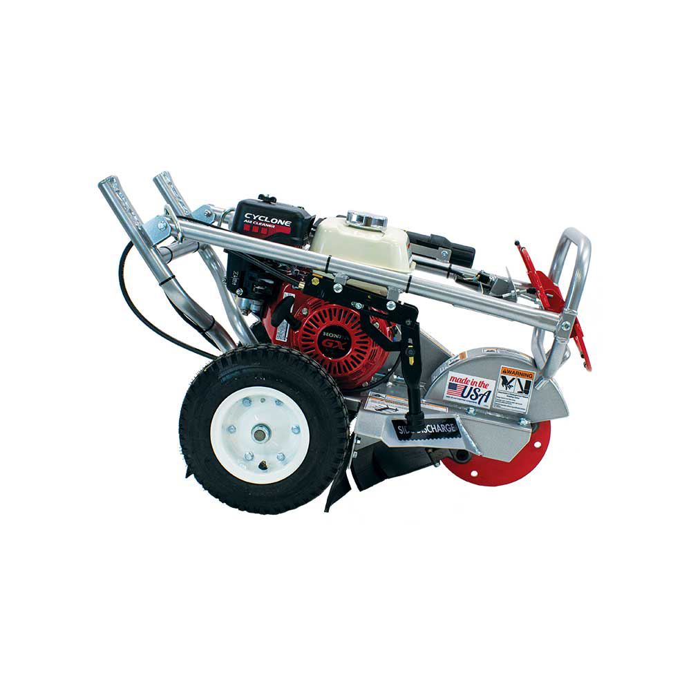 A low-angle side view of the portable Dosko 200-6HC Mini Stump Grinder, highlighting its tires and cutting wheel assembly on a white background.