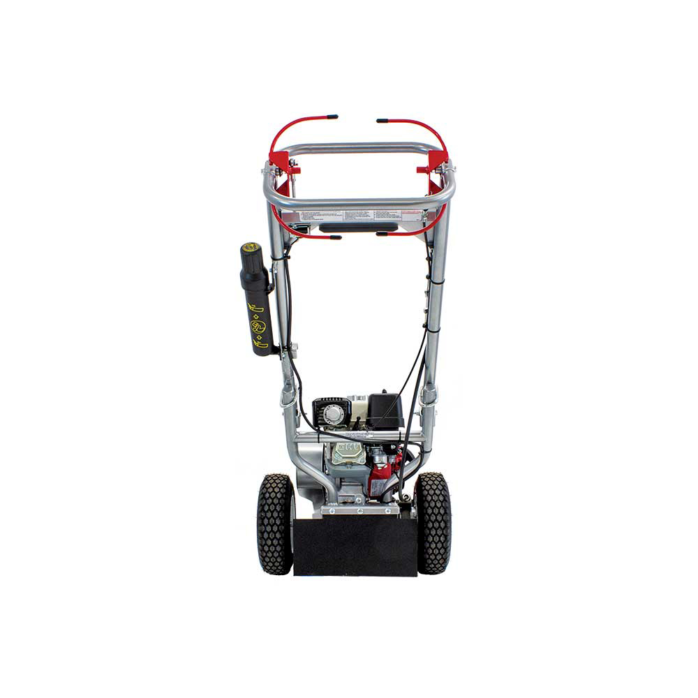 The Dosko 200-6HC Mini Stump Grinder is seen from a rear-facing view, highlighting its handlebar and control placement on a white background.