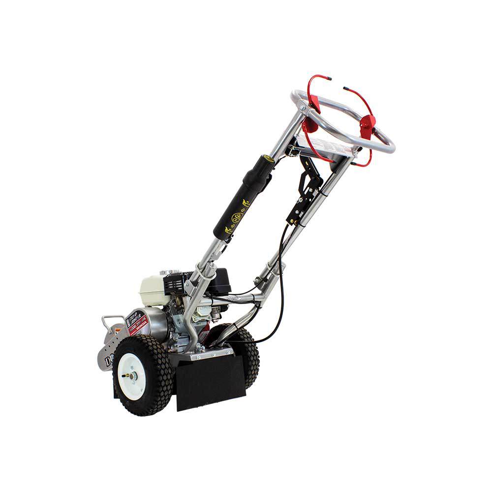 A side profile view of the Dosko 200-6HC Mini Stump Grinder, showcasing its compact frame and handles folded forward for transport, on a white background.
