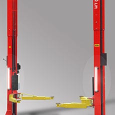 A red, large-scale AMGO 20802 Frame Cradle Pad for a 2-post lift, with a yellow-colored lifting arm, on a white background. This design secures wide-size truck and SUV frames by allowing the vehicle to sit inside the saddle.