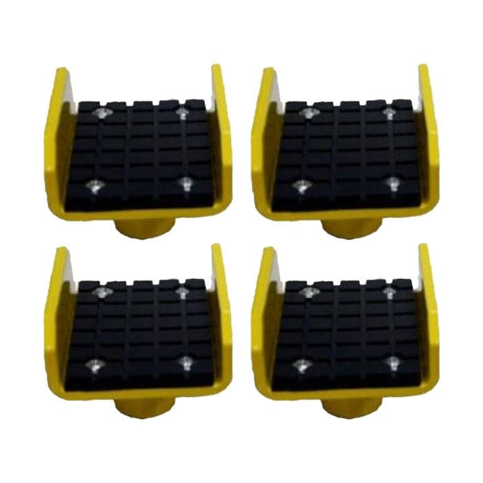 A set of four yellow and black AMGO 20802 Frame Cradle Pads, featuring a textured rubber surface and frame cradle design for secure lifting of trucks and SUVs, arranged on a white background.