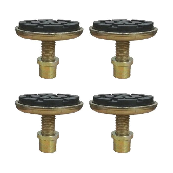 A set of four AMGO 20803 Screw Pad Assemblies, featuring durable black rubber pads on adjustable gold-colored screw bases, for secure lifting on two-post lifts.