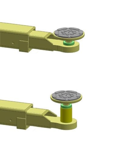 A close-up view of two AMGO 20803 Screw Pad Assemblies installed on the yellow arm of a two-post lift, demonstrating the black rubber pad inserts and adjustable screw mechanism.
