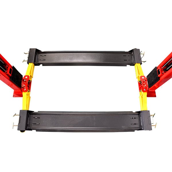 A red and black AMGO 20805 Golf Lift Accessory Kit, featuring two bridgelike platforms, designed to be used with a two-post lift to accommodate golf carts and other equipment.