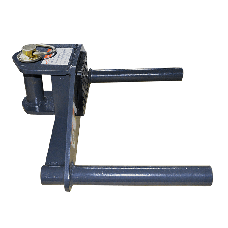 A navy-blue AMGO Wheel Support Adapter for Two-Post Lifts, with its four main components visible: a flat base, a vertical post with an eye hook, and two support arms, against a transparent background.