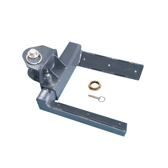 A dark gray AMGO 20807 Adjustable Wheel Adapter with two support arms and a central pivot, shown with its hardware on a transparent background. This adapter is designed to convert two-post lifts to wheel support.