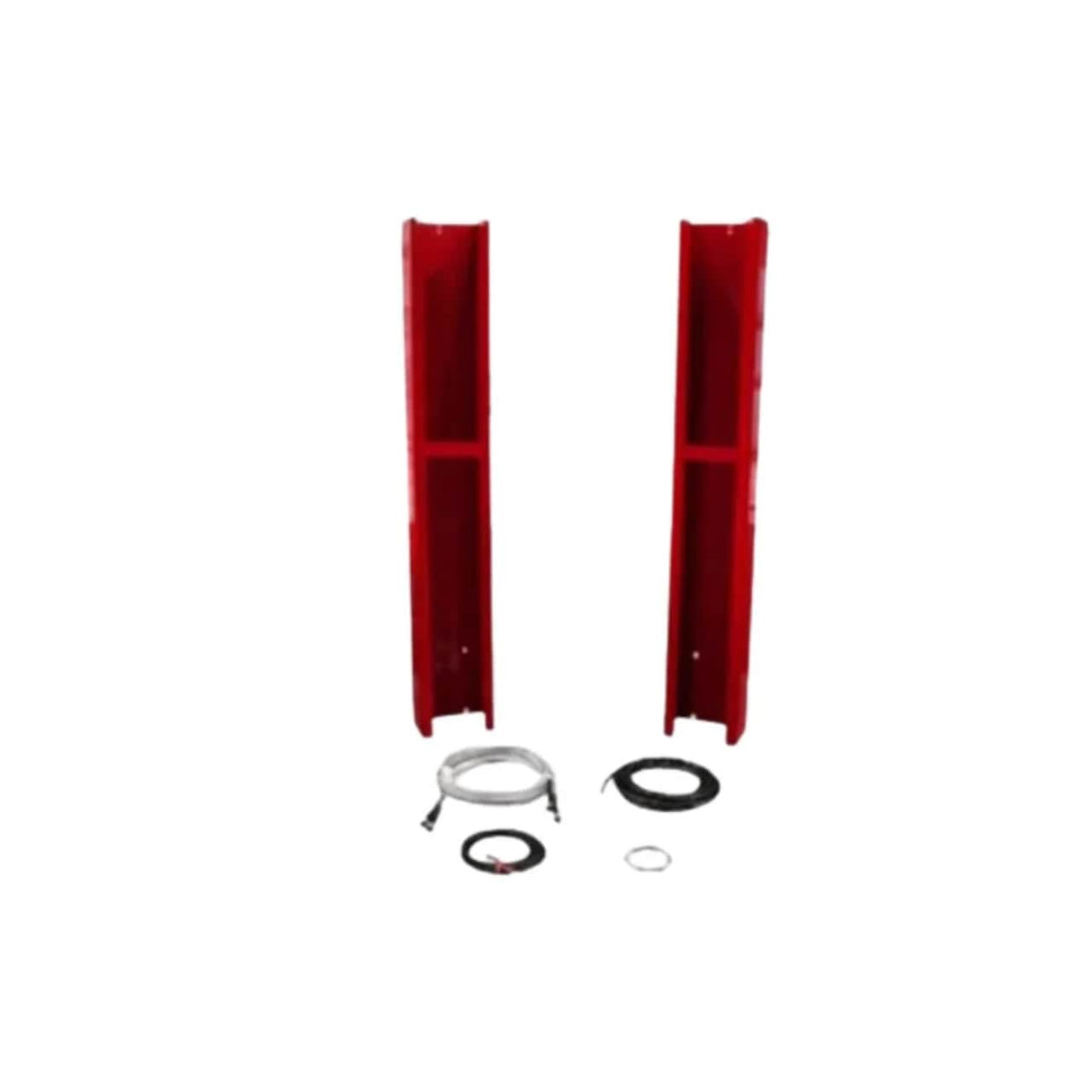 A red AMGO 20902 Height Extension Kit is displayed on a white background, highlighting its metal construction and its purpose as an add-on accessory for a lift. The kit includes two extensions with multiple holes for adjustable height.