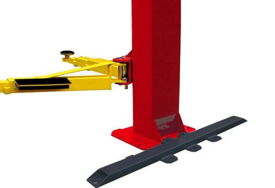 An AMGO 20903 Baseplate Extension Kit shown installed on a red AMGO Two-Post Lift, providing enhanced stability and a secure foundation for the lift system.