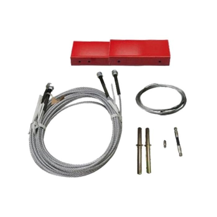 The AMGO 20906 Width Extension Kit is displayed on a white background, featuring its red metal extensions, two sets of cables, bolts, and other hardware. The kit is designed to increase the width of AMGO OH-9 and OH-10 lifts from 112-1/4" to 118-1/8" for wider vehicles like trucks and SUVs.