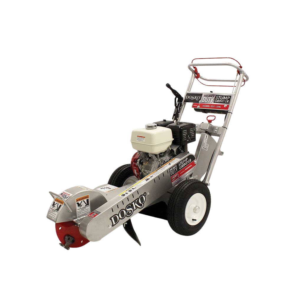 The Dosko 337-13HC Walk-Behind Stump Grinder with a Honda GX engine and adjustable handlebars is displayed against a gray and white checkered background.
