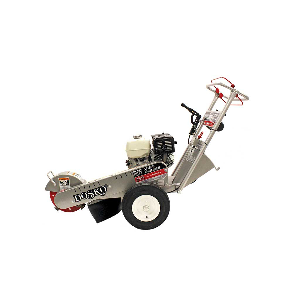 A low-angle side view of the Dosko 337-13HC Walk-Behind Stump Grinder, showcasing the compact frame and the cutting wheel on a white background.