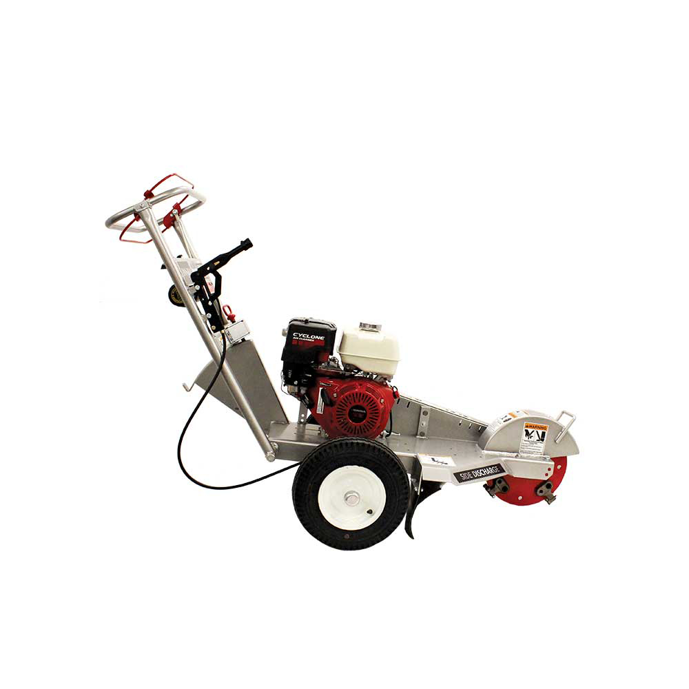 A side view of the Dosko 337-13HC Walk-Behind Stump Grinder with a red Honda engine and large wheels, shown on a white background.