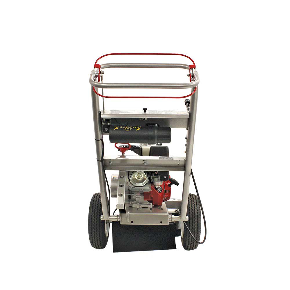 A rear view of the Dosko 337-13HC Stump Grinder on a white background, highlighting the handlebar and wheels.
