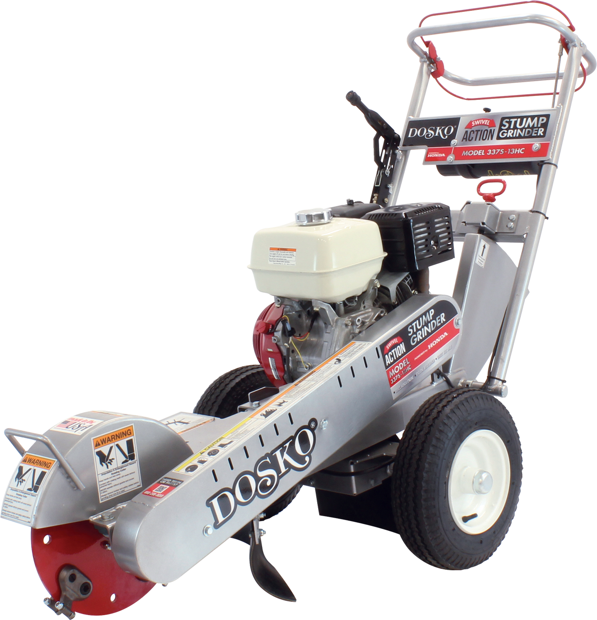 The Dosko 337S-13HC swivel stump grinder with a Honda GX engine on a transparent, gray and white checkered background.