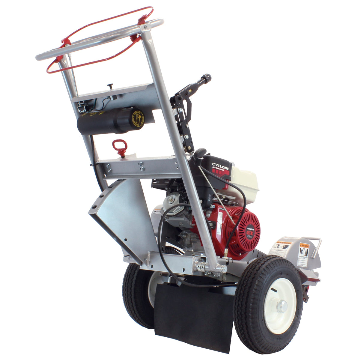 A Dosko 337S-13HC swivel stump grinder shown from the rear on a white background, highlighting its handle, tires, and direct belt drive.