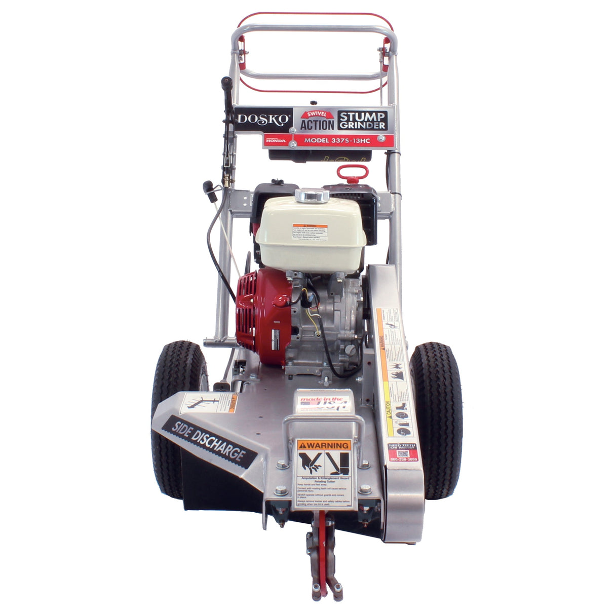 A Dosko 337S-13HC swivel stump grinder with a Honda GX engine, shown from the front on a white background, highlighting the swivel action.