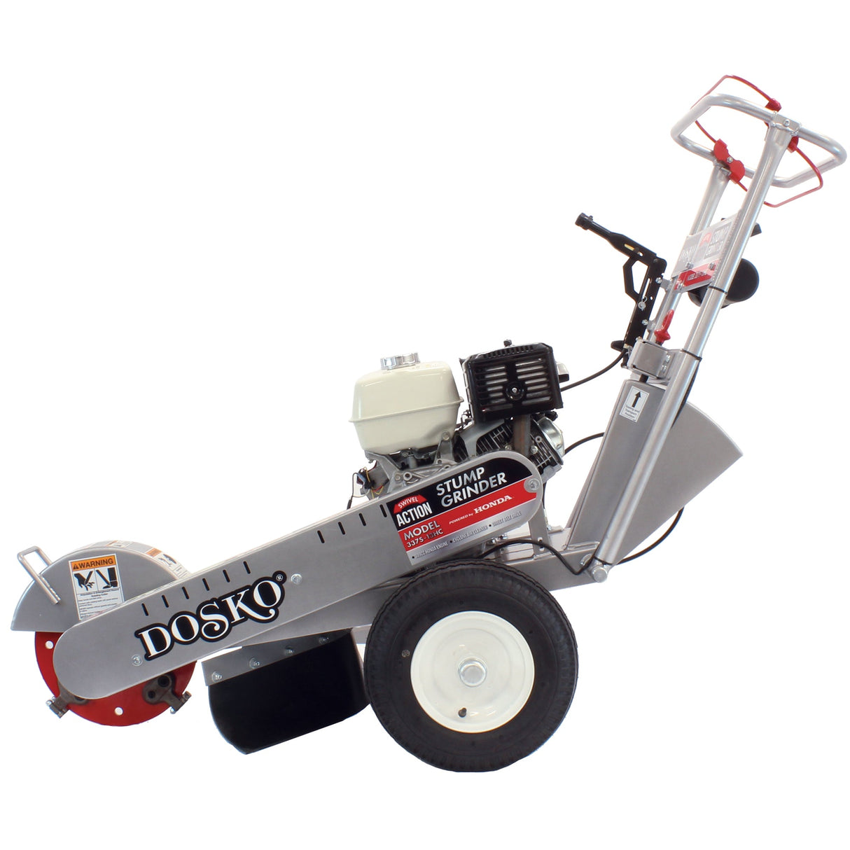 A side view of the Dosko 337S-13HC swivel stump grinder, showing the "SIDE DISCHARGE" label and the swivel action technology.