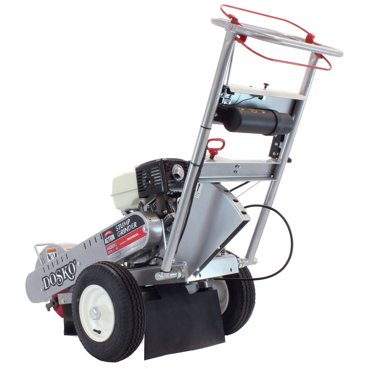 A rear view of the Dosko 337S-13HC swivel stump grinder with a Honda GX engine, highlighting the five-position handlebar and belt drive.