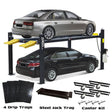 AMGO 407-P-DX 4-Post Parking Lift, with a gray sedan on its elevated platform and a black sedan parked below, and accessories including drip trays, steel jack tray, and caster kit shown.