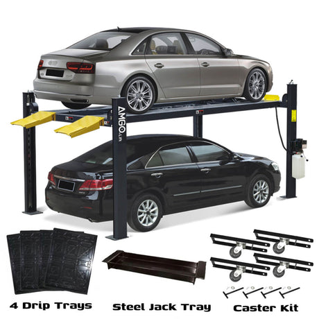 AMGO 407-P-DX 4-Post Parking Lift, with a gray sedan on its elevated platform and a black sedan parked below, and accessories including drip trays, steel jack tray, and caster kit shown.