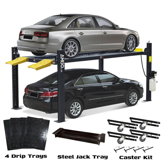 AMGO 407-P-DX 4-Post Parking Lift, with a gray sedan on its elevated platform and a black sedan parked below, and accessories including drip trays, steel jack tray, and caster kit shown.