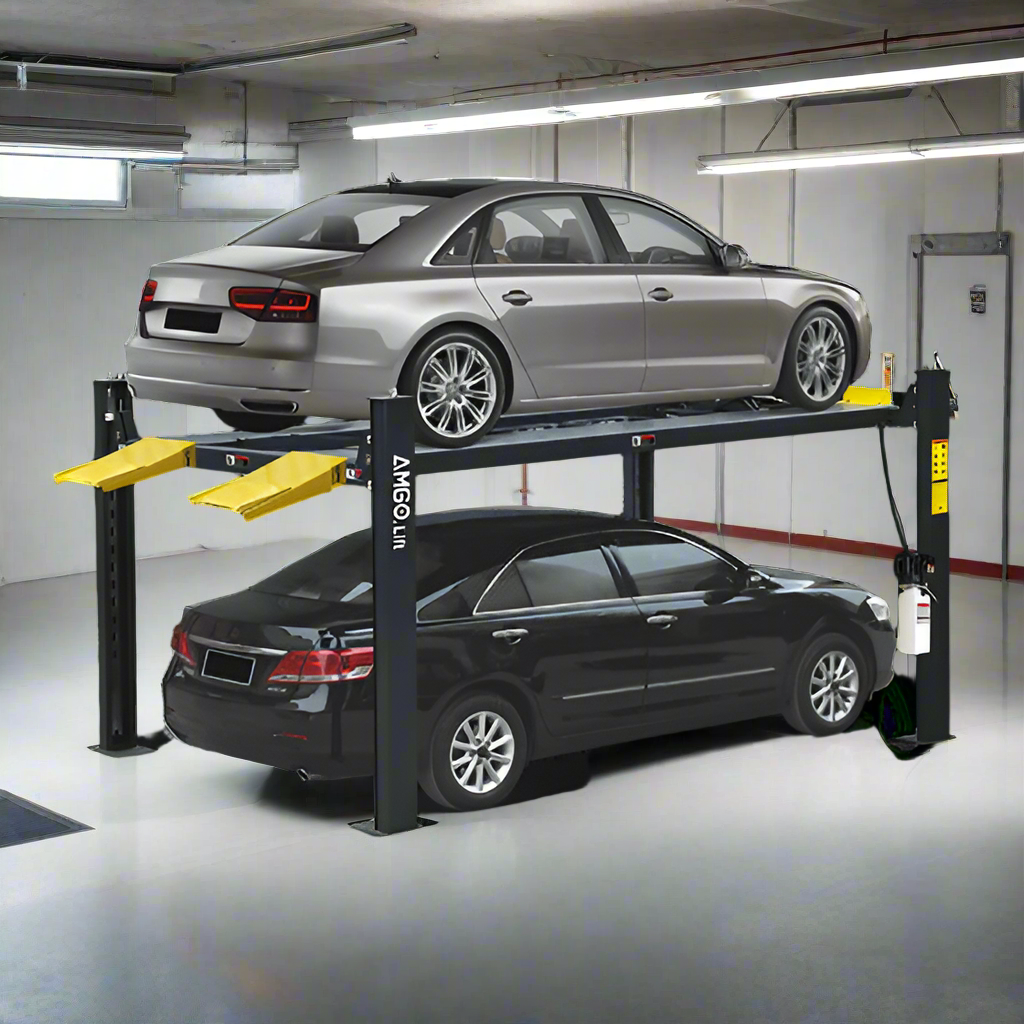 A black AMGO 407-P 4-Post Parking Lift with a silver sedan parked below and a gray sedan on the elevated platform, demonstrating its 7,000 lbs lifting capacity in a garage setting.