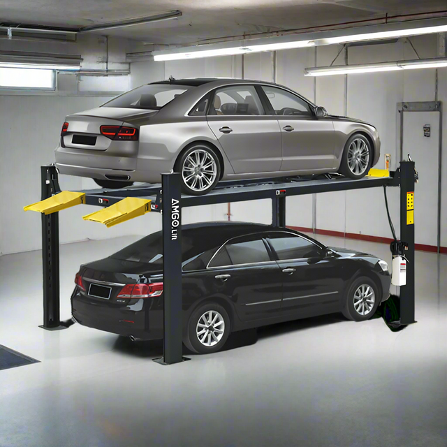 A black AMGO 407-P 4-Post Parking Lift with a silver sedan parked below and a gray sedan on the elevated platform, demonstrating its 7,000 lbs lifting capacity in a garage setting.