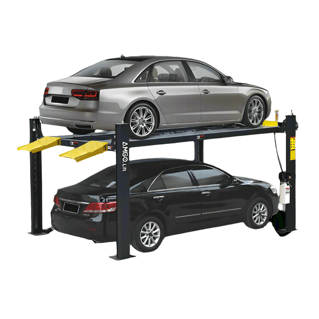 A black AMGO 407-P 4-Post Parking Lift with a silver sedan elevated on the top platform and a black sedan parked below, on a transparent background.