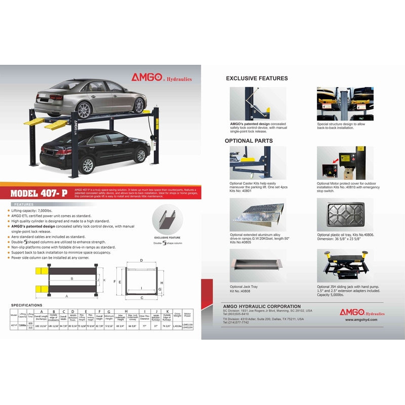 A brochure for the AMGO 407-P 4-Post Parking Lift showing the black lift with two cars, a diagram of its dimensions, and key features like the 7,000 lbs lifting capacity and optional parts.