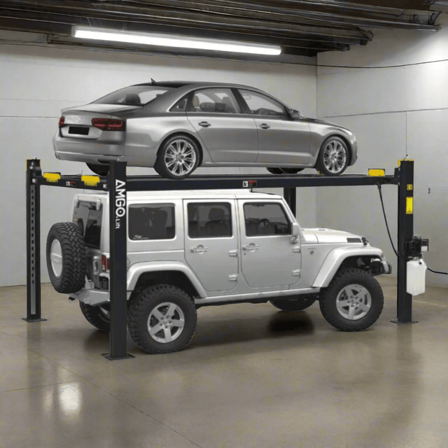 An AMGO 408-HP 4-Post Parking Lift, a black lift with two vehicles stacked on its platforms, a silver sedan on top and a silver Jeep on the bottom, inside a garage with concrete floors.