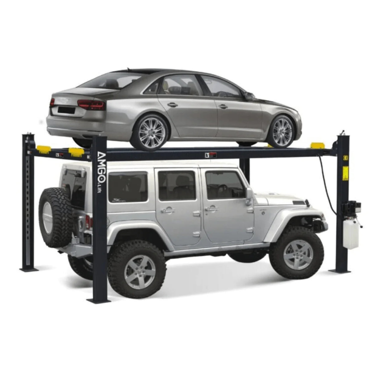 The AMGO 408-HP 4-Post Parking Lift, a black lift with yellow ramps and a yellow power unit, elevating a silver sedan on its top platform and a silver Jeep on the bottom, on a transparent background.