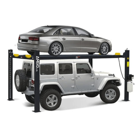 The AMGO 408-HP 4-Post Parking Lift, a black lift with yellow ramps and a yellow power unit, elevating a silver sedan on its top platform and a silver Jeep on the bottom, on a transparent background.