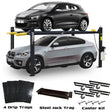 The AMGO 408-P-DX 4-Post Deluxe Parking Lift with two stacked cars on its platforms and various included accessories like drip trays, a steel jack tray, and caster kits shown below.