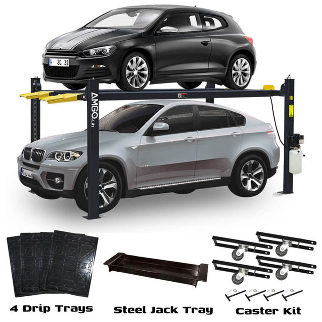 The AMGO 408-P-DX 4-Post Deluxe Parking Lift with two stacked cars on its platforms and various included accessories like drip trays, a steel jack tray, and caster kits shown below.
