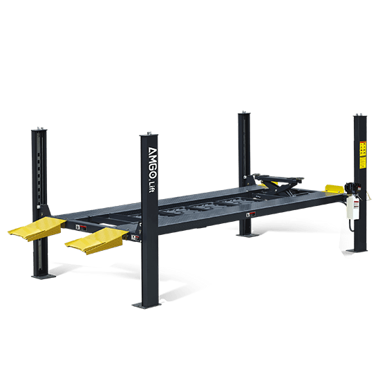 An AMGO 408-P-DX Deluxe Parking Lift in black and yellow, featuring a non-slip diamond platform and safety locks on each of its four posts, on a transparent background.