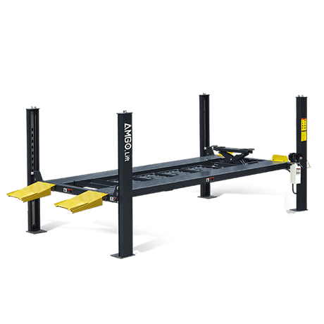 An AMGO 408-P-DX Deluxe Parking Lift in black and yellow, featuring a non-slip diamond platform and safety locks on each of its four posts, on a transparent background.