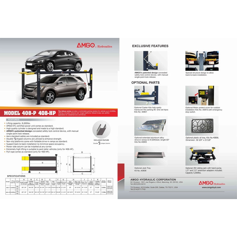 A product brochure for the AMGO 408-P-DX 4-Post Parking Lift, featuring two vehicles stacked on a lift, detailed exclusive features, optional parts, and product specifications with diagrams.