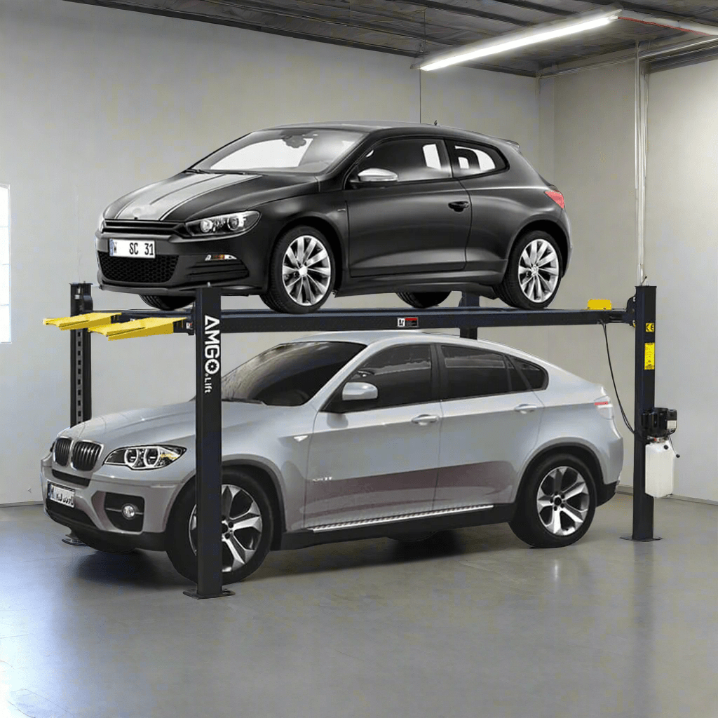 A black AMGO 408-P 4-Post Parking Lift with a silver SUV on the upper platform and a gray car on the lower floor, demonstrating its space-saving two-car capacity.