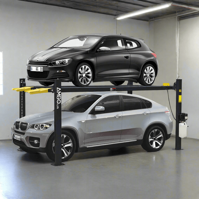 A black AMGO 408-P 4-Post Parking Lift with a silver SUV on the upper platform and a gray car on the lower floor, demonstrating its space-saving two-car capacity.