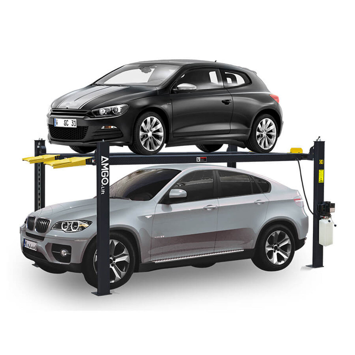 A black AMGO 408-P 4-Post Parking Lift with a gray car on the upper platform and a silver SUV on the ground floor, showing its 8,000 lbs lifting capacity.