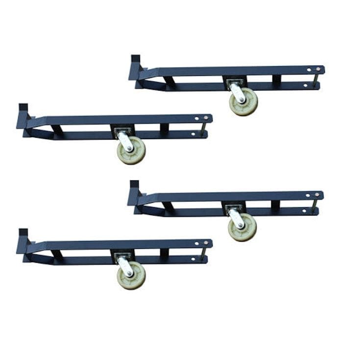 Four AMGO Caster Kits for Parking Lifts are shown against a white background, highlighting their metal frame, wheels, and quick-release pin feature.