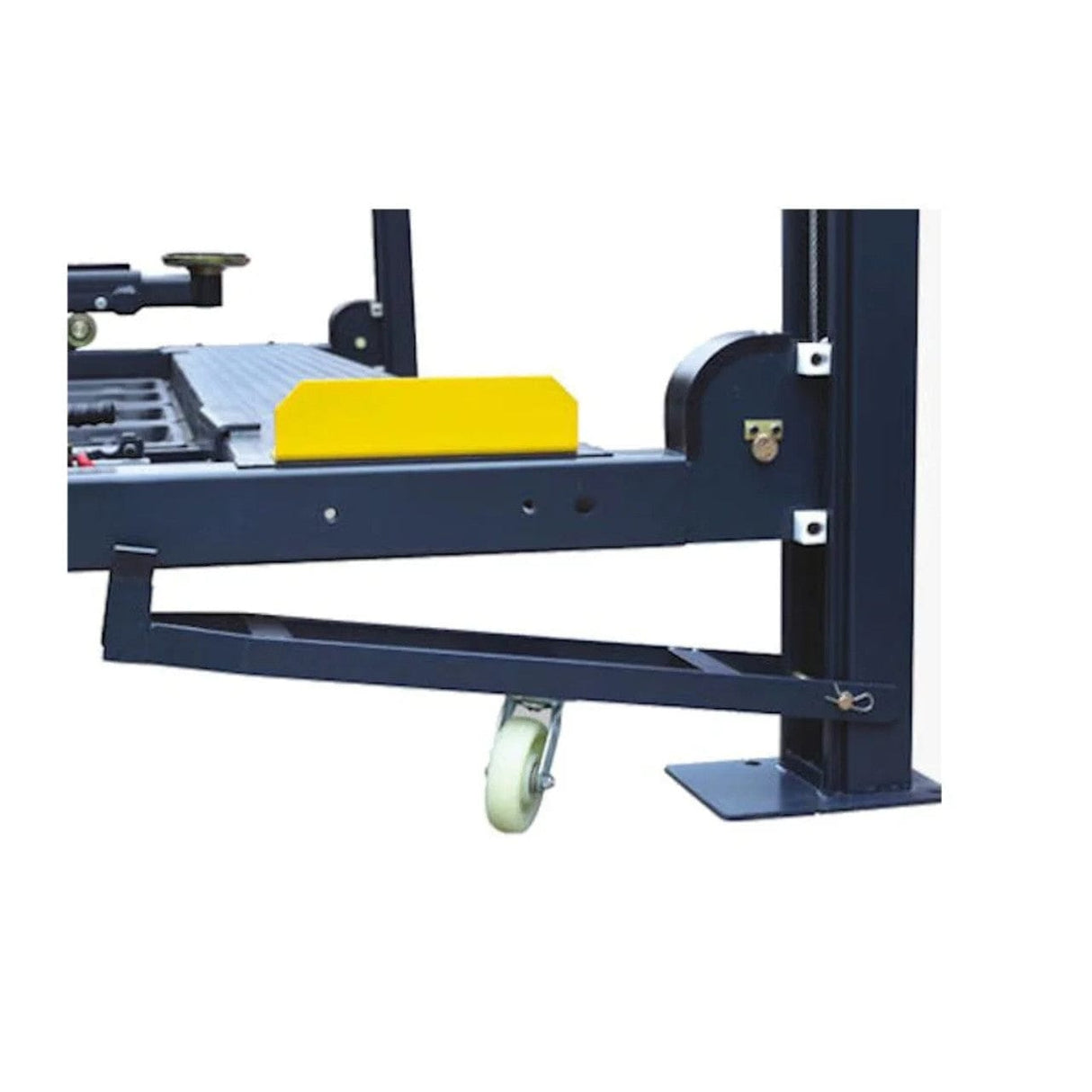 A close-up view of an AMGO Caster Kit attached to the base of a parking lift column, with the lift elevated to show how the caster kit is used for moving the lift.