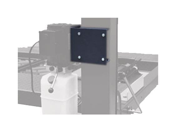 An outline of a motor and a lift, showing how the black AMGO 90° Motor Fixing Bracket is installed on the side of the lift column to hold the power unit.